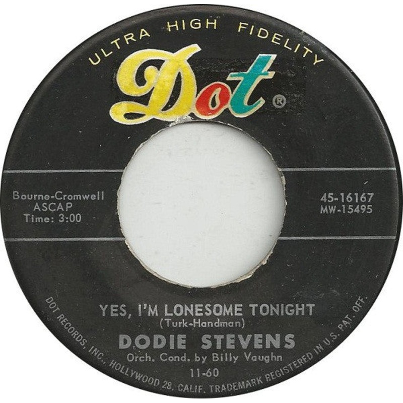 Dodie Stevens  Yes, I’m Lonesome Tonight / Too Young Vinyl 7″ Record *Used 1960 Release*