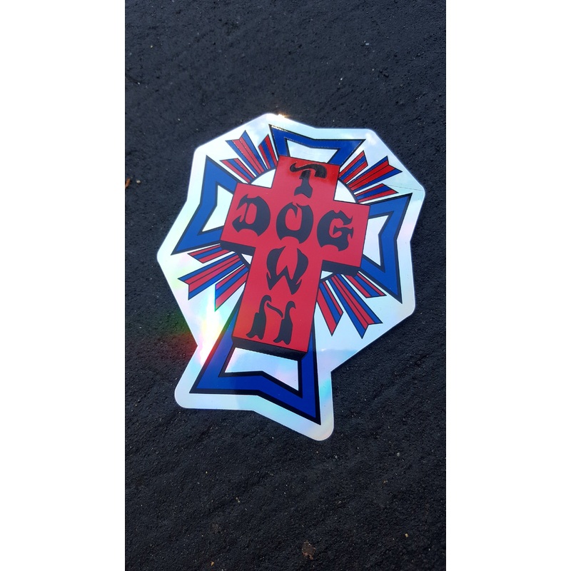 Dogtown CROSS STICKER – RED BLUE FOIL 4″