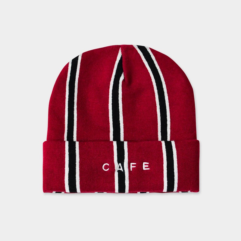 Skateboard Cafe – Vertical Stripe Beanie – Burgundy / Black / White