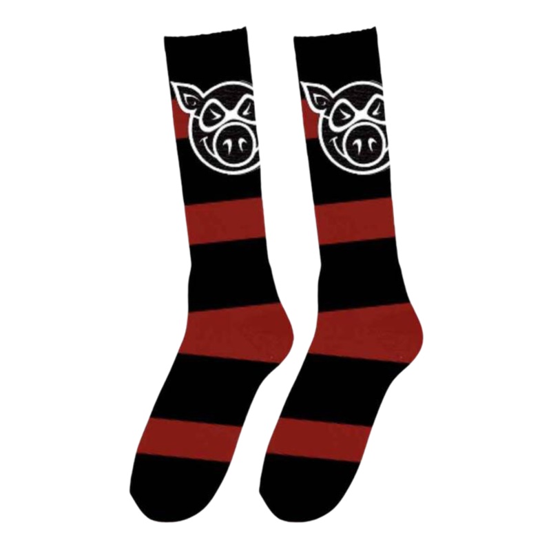 Pig Head Striped Tall Black/ Red Socks OS