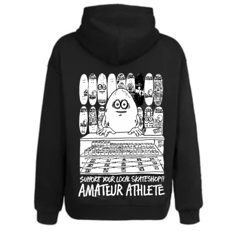 HEROIN X AMATEUR ATHLETE SUPPORT YOUR LOCAL SKATE SHOP 24′ BLACK PULLOVER M