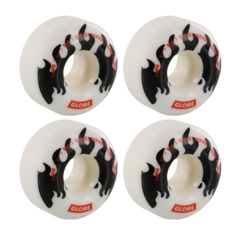 Globe Skateboards G1 Street White / Black / Flames Skateboard Wheels – 54mm 99a (Set of 4)
