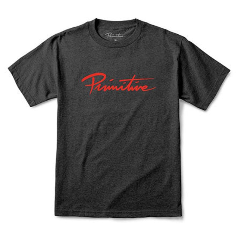 Primitive Skateboarding Nuevo Script Core T Shirt Charcoal Heather/ Red Small