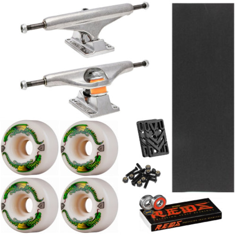 Cruiser/Pool Deck Skate Pack – Independent Trucks, Powell Wheels, Bones Reds Bearings, MOB Grip, Risers, Hardware 159 Dragon Formula 54MM x 34MM 93A White Bones Reds – 11″ MOB grip – 1.25″ hardware – .25″ risers