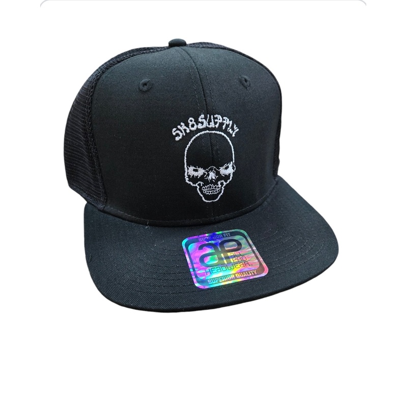 SK8SUPPLY Wes Humpston Skull Logo UPGRADED TRUCKER snap back hat – BLACK WHITE