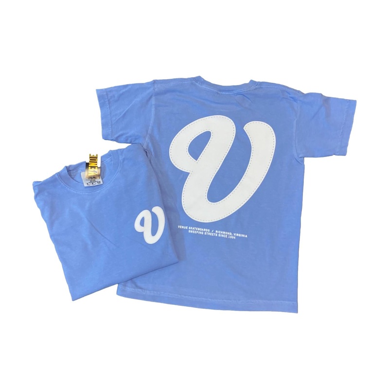Venue Cursive Logo T-Shirt YOUTH Washed Denim/White YS