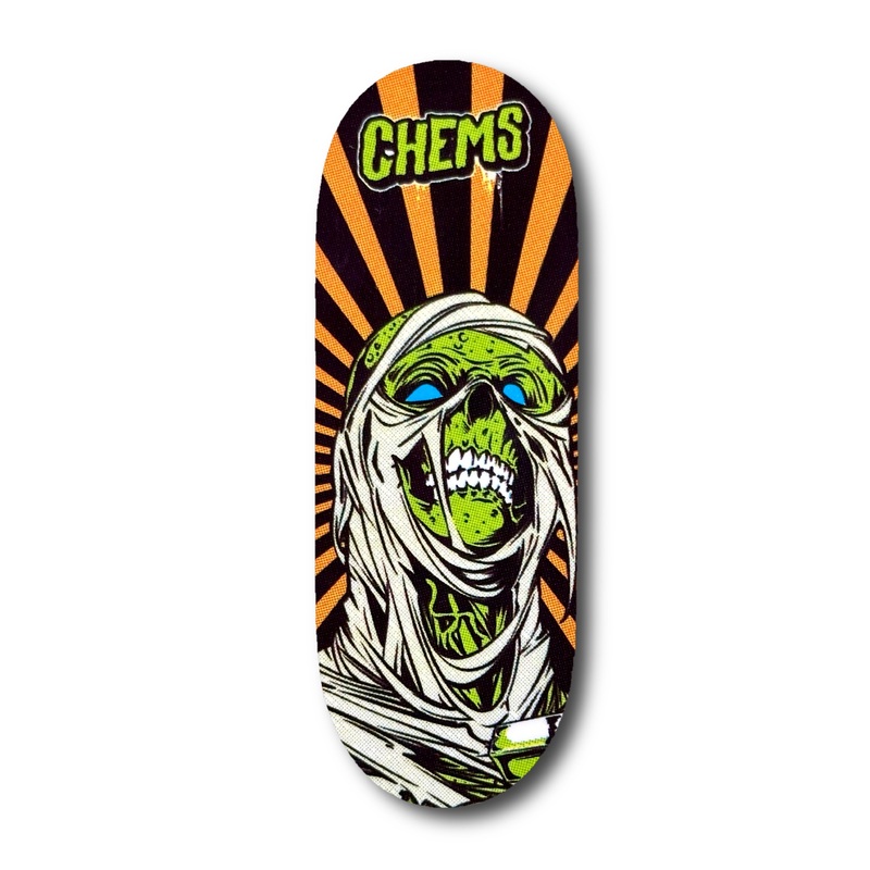 Chems Orange Background Green Rising Mummy Fingerboard Deck 29mm Mid-Pro Popsicle