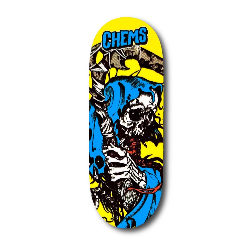 Chems Yellow Background Blue Grim Fingerboard Deck 29mm Mid-Pro Popsicle