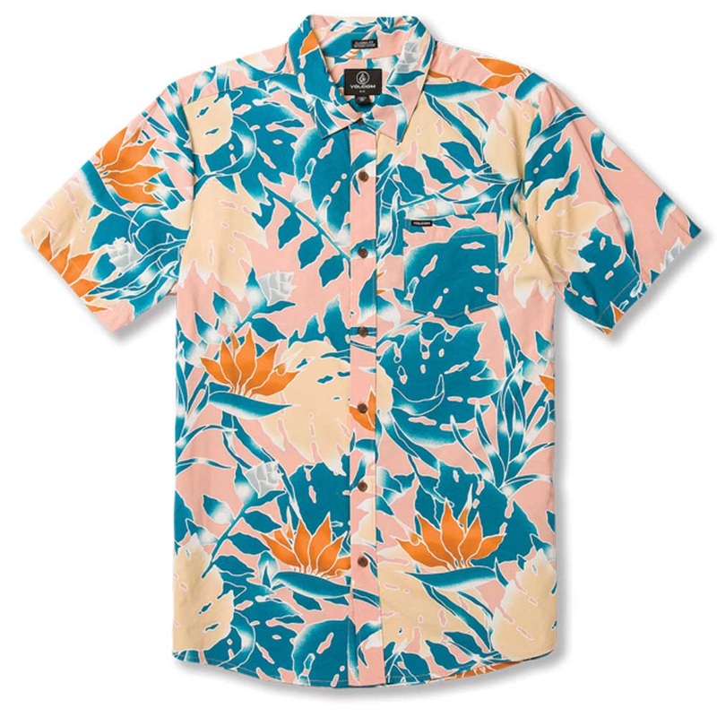 Volcom Leaf Pit Floral Short Sleeve Button Up T-Shirt Small Salmon