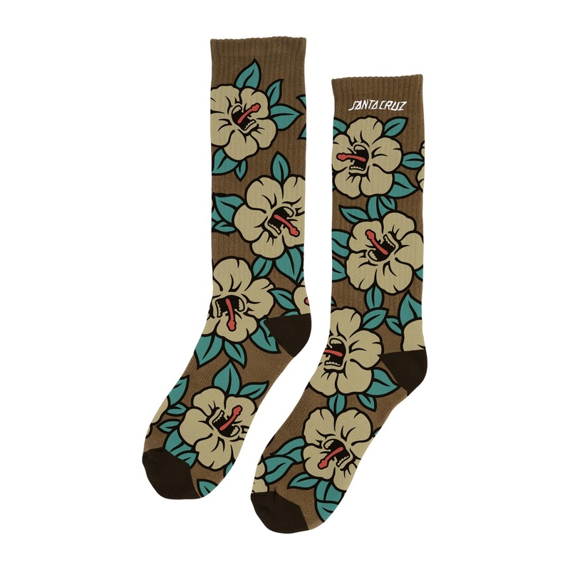 Screaming Hibiscus Mens Santa Cruz Socks Brown 9-11 1 Pair