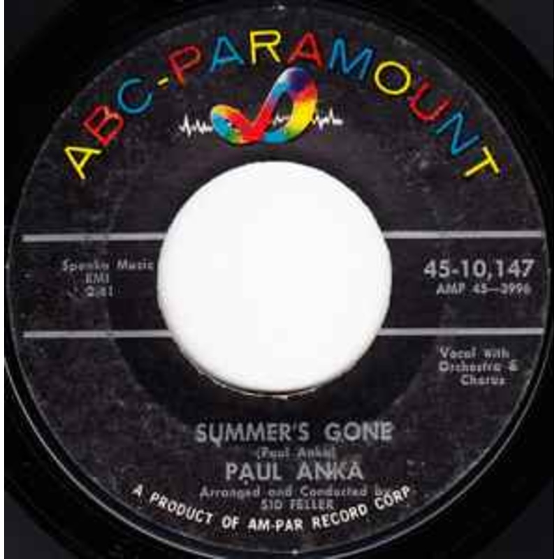 Paul Anka  Summer’s Gone / I’d Have To Share Vinyl 7″ Record *Used 1960 Release*