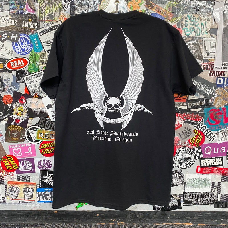 Cal Skate “Skull and Wings- Black and White” Short Sleeve Youth Large