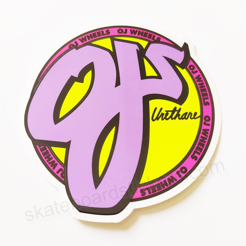 OJ Wheels – Purple/Yellow Skateboard Sticker – 8cm across approx