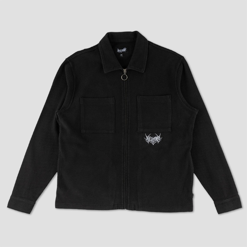Welcome Sliver Waffle Knit Zip Shirt Black Small