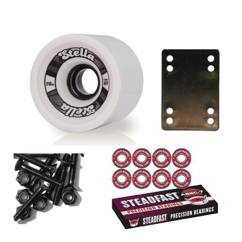 Longboard Skateboard Wheels Combo Starter Kit – White – Stella 69mm Wheels, Risers, Bearings, Hardware