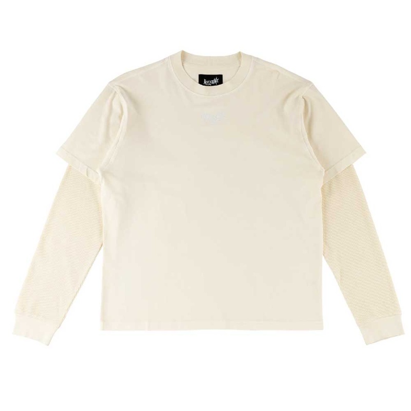 Welcome Shard Garment-Dyed Boxy Layered Knit Long Sleeve Shirt Medium Natural