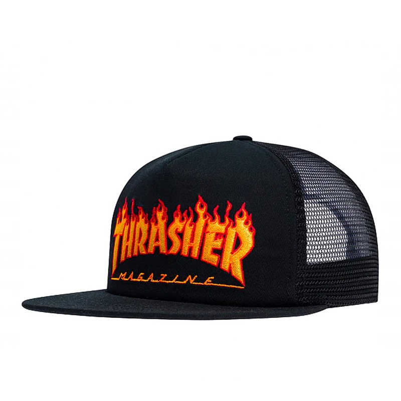 Thrasher Mesh Cap Flame Embroidered Logo – Black