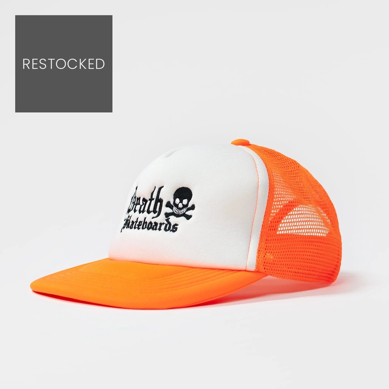 Death Skateboards Mesh Trucker Cap – Orange / White