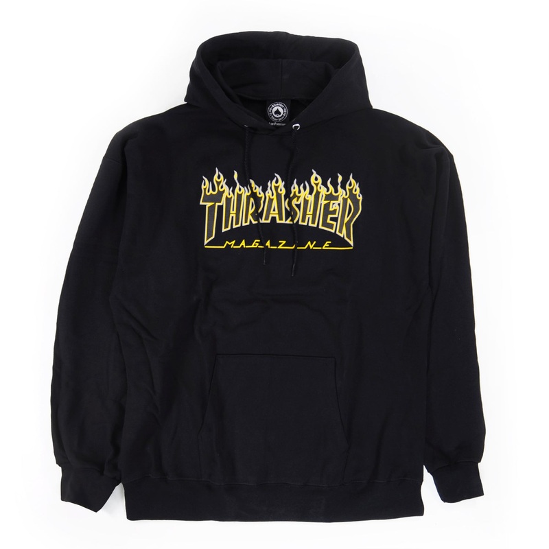 Thrasher – Flame Logo Hooded Sweat – Black / Yellow S