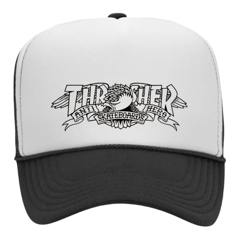 THRASHER X ANTI-HERO MAG BANNER TRUCKER HAT BLACK WHITE OS